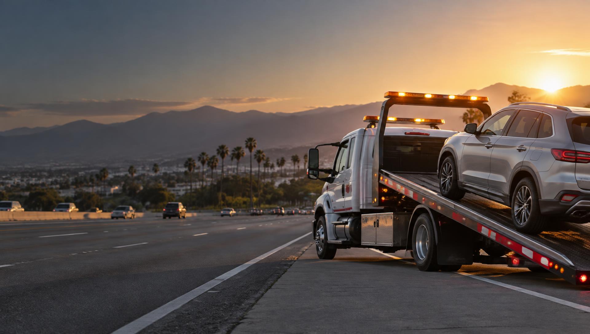 Grúa de plataforma transportando una SUV en una autopista del Sur de California